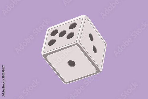 Character flat drawing stylized white dice logo, label, flyer, symbol. Dice with black dots. Dice cube icon, mobile game. White cube by black contour for table game. Cartoon design vector illustration