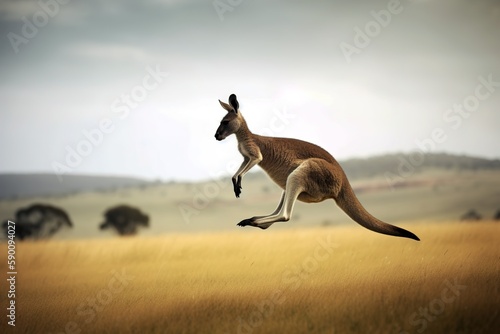 Kangaroo jumping in a field in natural landscape. Copy space for text. Generative AI