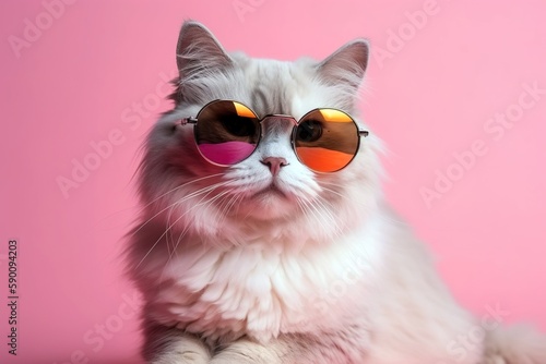 Cute adorable portrait of white fluffy cat wearing sunglasses over pink background. Generative AI