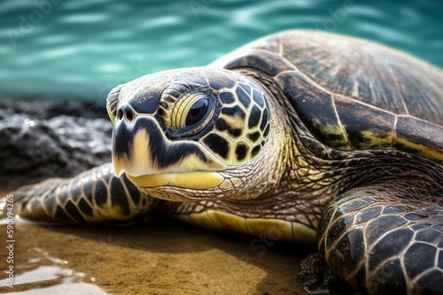 Close up shot of adorable Hawaiian Green Sea turtle in the beach shore. Generative AI