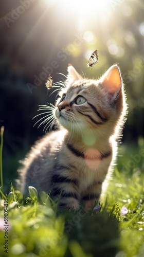 Cute tabby kitten chasing butterfly under the sunlight. Generative AI Vertical shot