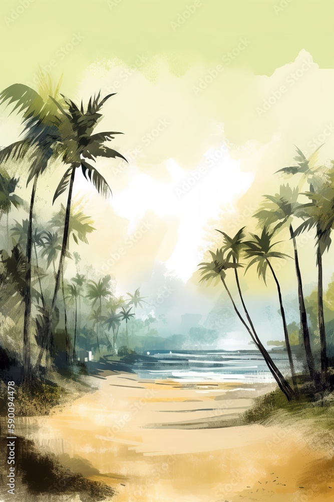 Watercolor illustration of beach with palm trees in Hawaiian paradise beach. Generative AI