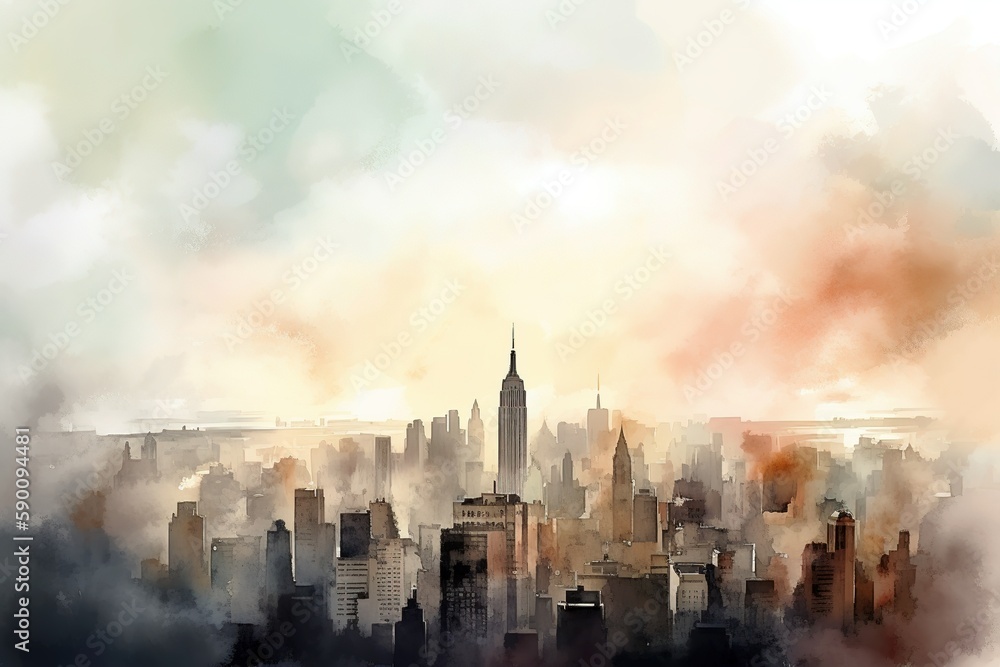 Watercolor city landscape illustration skyline. Generative AI