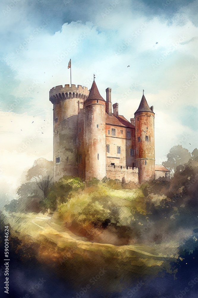 Watercolor illustration of medieval castle. Generative AI Vertical