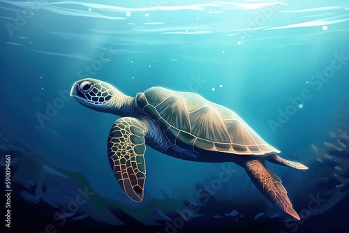 Realistic illustration of sea turtle swimming under the ocean. Generative AI © Pajaros Volando