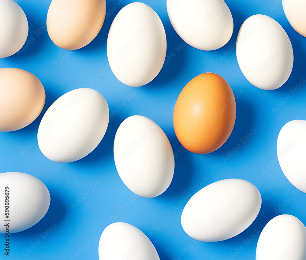 Background of white and brown eggs with shadows on a blue background. Easter holiday. Easter texture. Lots of eggs. Generative AI Background of white and brown eggs with shadows on a blue background. Easter holiday. Easter texture. Lots of eggs. Generative AI