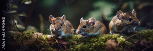 Beautiful and cute wood mice sitting on mossy log in the deep forest. Horizontal animalistic banner or header for web site. Wild nature outdoor background. Generated with AI.
