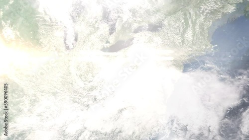 Earth zoom in from outer space to city. Zooming on Wheeling, West Virginia, USA. The animation continues by zoom out through clouds and atmosphere into space. Images from NASA