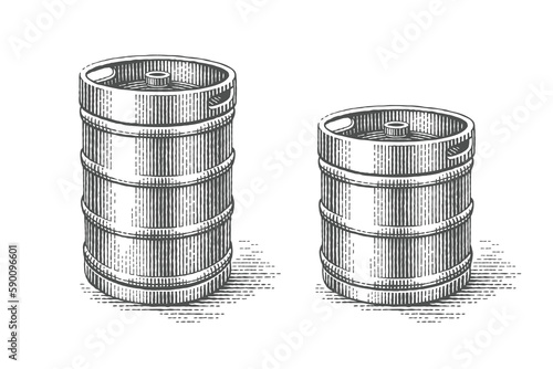 Kegs. Hand drawn engraving style illustrations. 