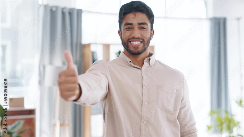 Face, thumbs up and business man in office for success, thank you or okay. Portrait, hand gesture and Indian professional with emoji for agreement, like or ok, yes or approval or support in workplace Face, thumbs up and business man in office for success, thank you or okay. Portrait, hand gesture and Indian professional with emoji for agreement, like or ok, yes or approval or support in workplace