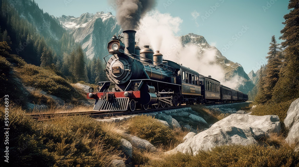 Obraz premium A steam train is making its way through the picturesque scenery of the Swiss Alps, providing a scenic and nostalgic travel experience for passengers. Generative AI