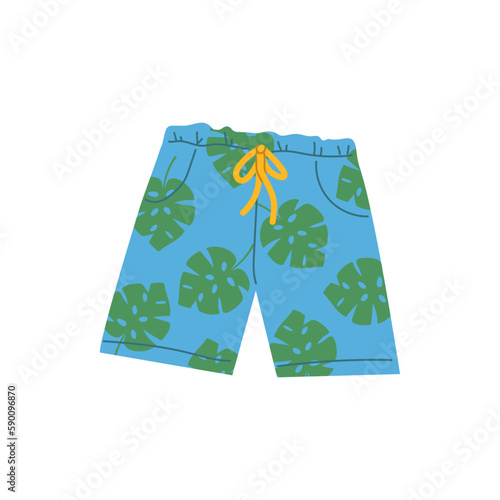 Male fashion blue swimming trunks with green leaves of monstera. Flat vector isolated illustration of cartoon trendy male beachwear.