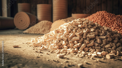 Ground level of heap of compressed wood pellets stacked on floor near chopped firewood of various types with green leaves and biomass briquettes in sunlight. generative ai