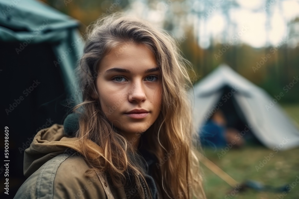 attractive young lady posing in front of a tent in a northern forest. Generative AI attractive young lady posing in front of a tent in a northern forest. Generative AI
