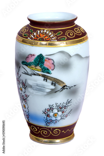 White and Brown Oriental theme Decorative Ceramic Vase isolated on a transparent background. PNG image.