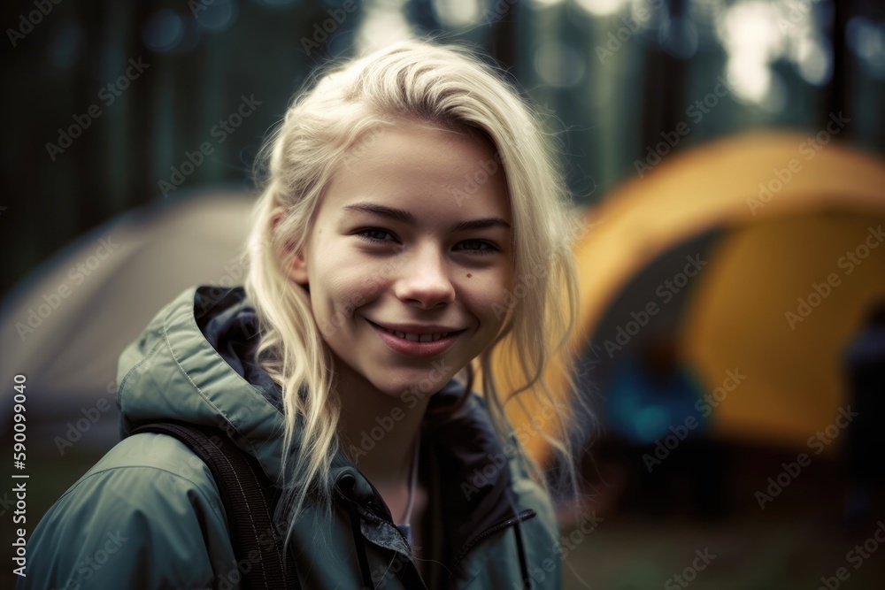 attractive young lady posing in front of a tent in a northern forest. Generative AI attractive young lady posing in front of a tent in a northern forest. Generative AI