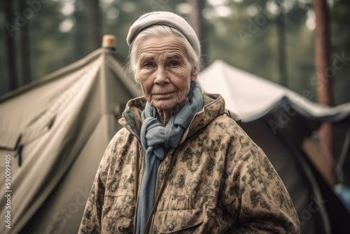 Old lady posing in front of a tent in a northern forest. Generative AI