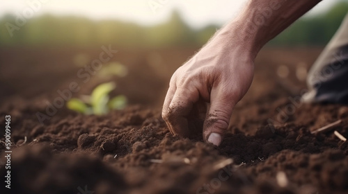 Hand of farmer inspecting soil health before planting in organic farm. Soil quality Agriculture, gardening concept. Generative AI.