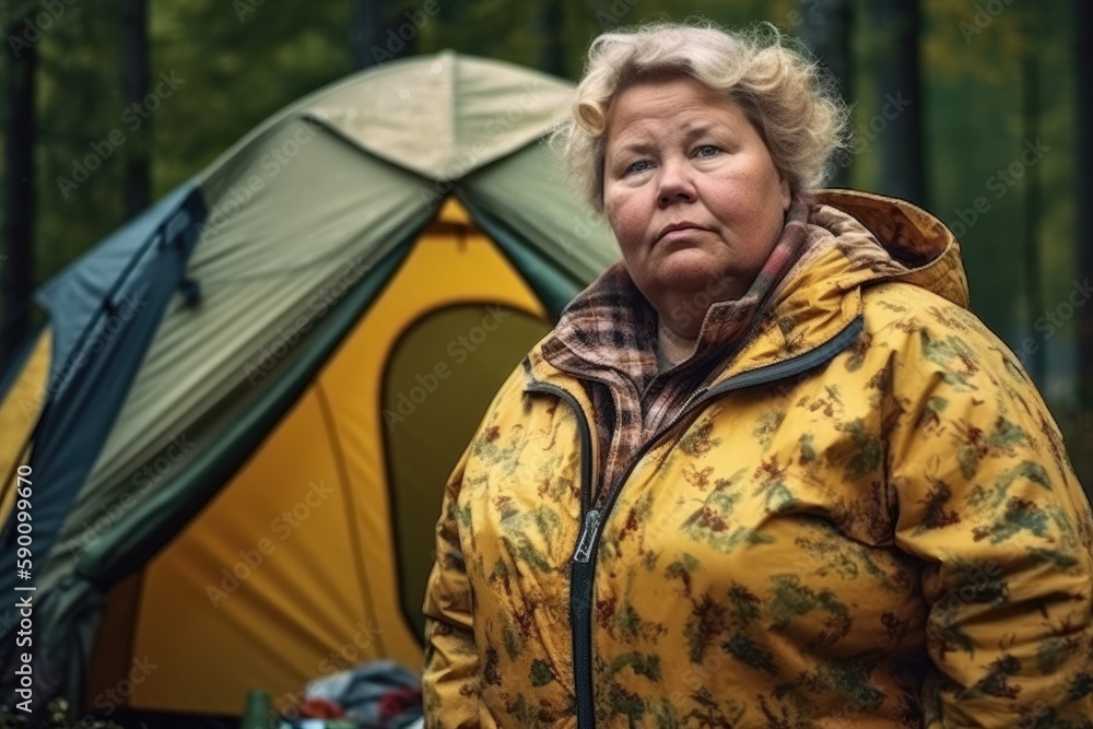 Forty something lady posing in front of a tent in a northern forest. Generative AI