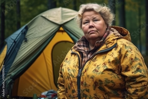 Forty something lady posing in front of a tent in a northern forest. Generative AI
