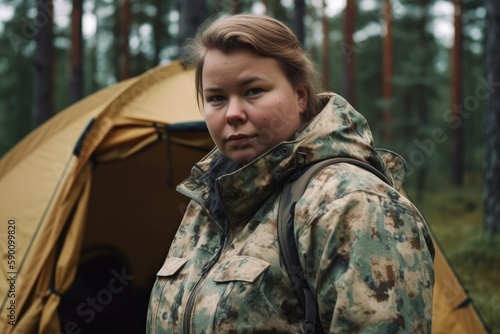 attractive thirty something lady posing in front of a tent in a northern forest. Generative AI