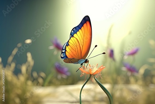 3D cartoon delicate butterfly perches on a flower. Its wings flapping gently in the breeze. Generative AI