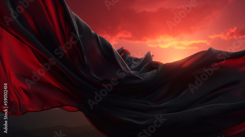 Red and dark silk banner in a sunset. Created with Generative AI.