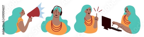 Pack de Ilustraciones iconos de mujer joven moderna. Recurso gráfico, concepto de mujer emprendedora con estilo contemporáneo