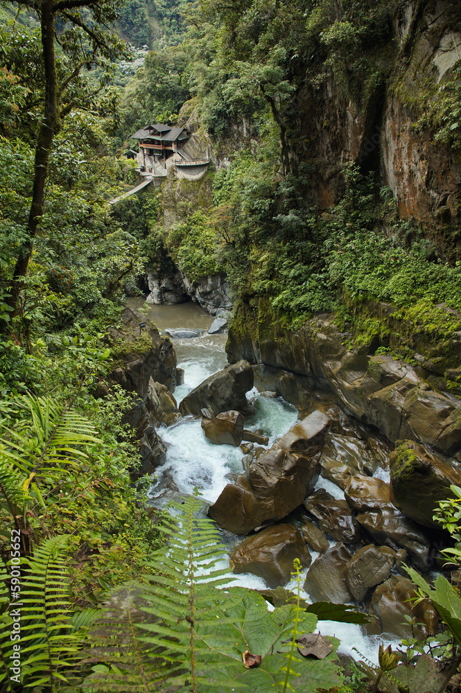 Waterfall Pailon del Diablo on Rio Verde at Banos, Tungurahua Province, Ecuador, South America
