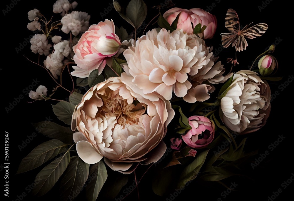 Exquisite baroque-victorian bouquet of pink-and-white peonies and roses; featuring beautiful garden flowers with leaves and butterfly, on a black background. Generative AI - obrazy, fototapety, plakaty 