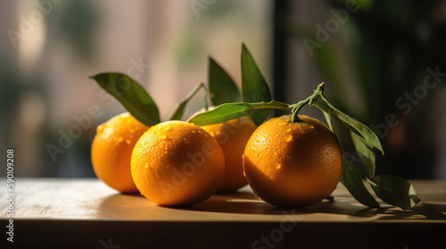 Fresh ripe oranges on wooden table against blurred background. Generative AI