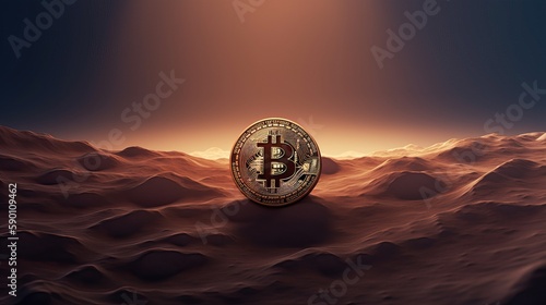 Golden Bitcoin Cryptocurrency Coin Mars Desert Extraterrestrial Currency Generative AI