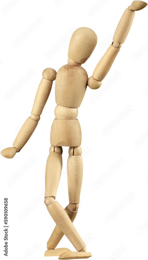 Miniature wooden mannequin with one arm in the air Miniature wooden mannequin with one arm in the air