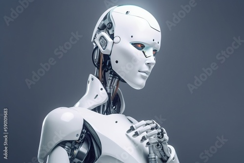 White Female Robot Thinking Pose Intelligent Artificial Humanoid Generative AI © Aruni