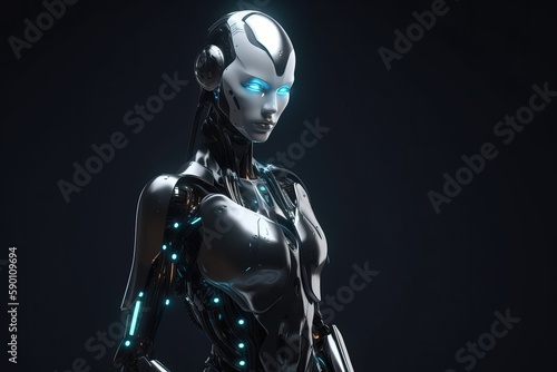 Modern Black Female Robot Blue Eyes Advanced Artificial Intelligence Generative AI