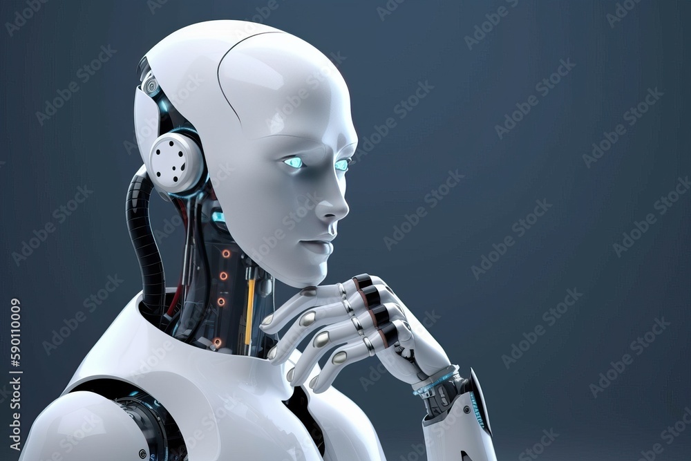 AI Robot Pondering with Hand on Chin Futuristic Technological Marvel Generative AI