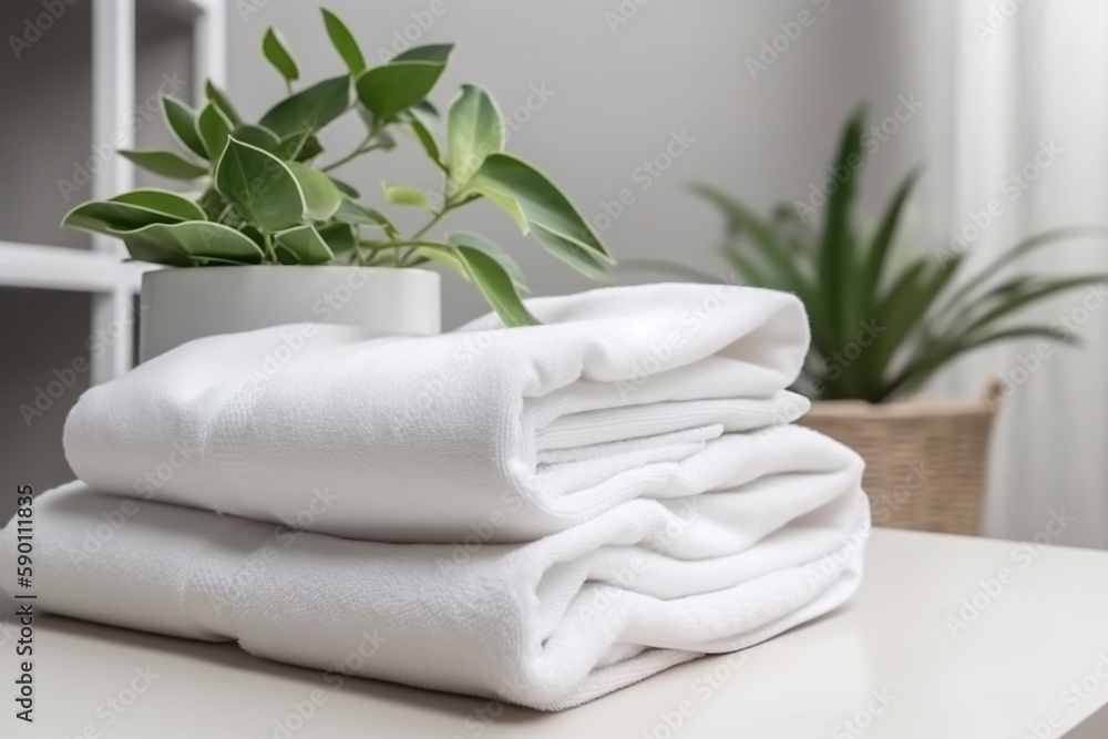 White clean towels stack on table in bathroom, generative ai image White clean towels stack on table in bathroom, generative ai image