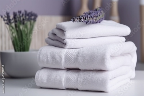 White clean towels stack on table in bathroom next to lavender flowers  generative ai image