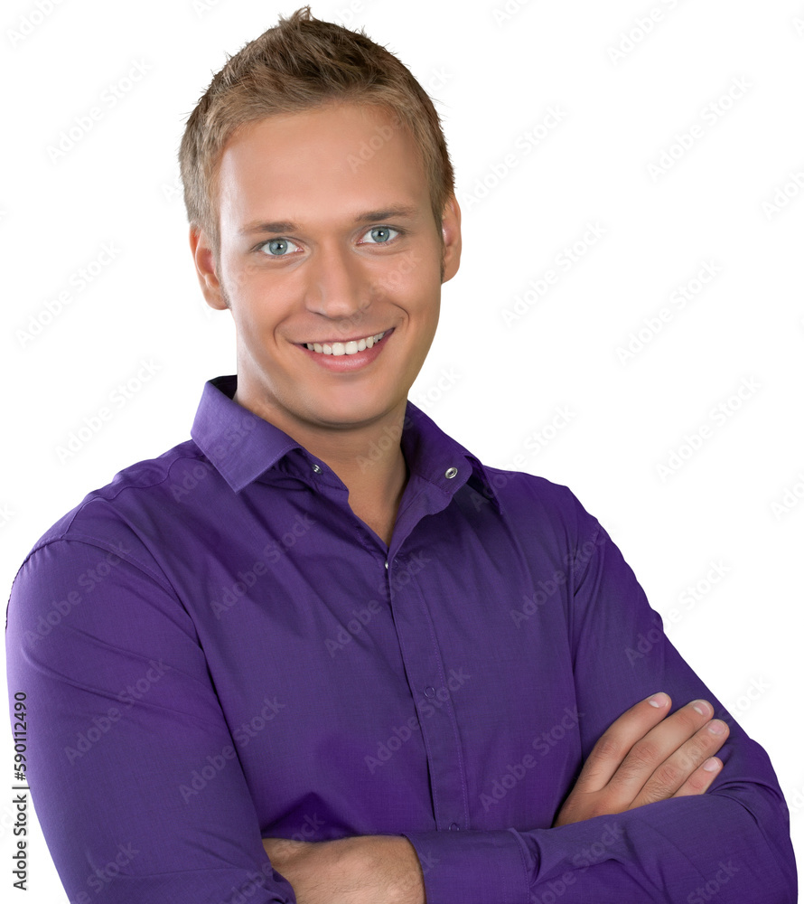 Young business man in purple shirt isolated on white background Young business man in purple shirt isolated on white background