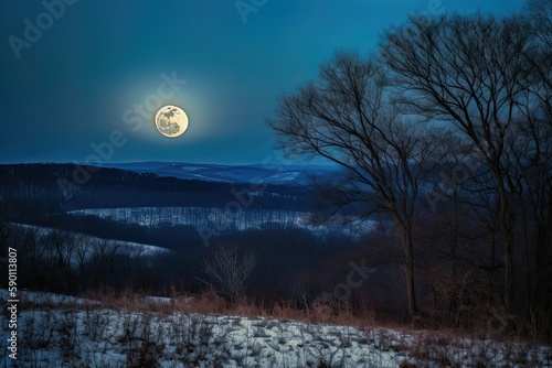 Full moon illuminates the landscape below in an eerie, ghostly glow. Generative AI © Kanisorn