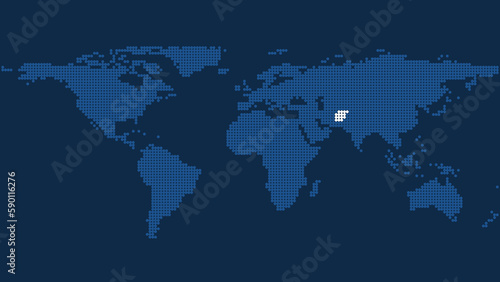 Dark Blue Pixelated World Map with Marked Afghanistan Lands