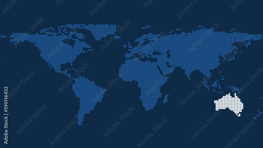 High-Resolution Dark Blue Pixel World Map with Detailed Australia Highlight High-Resolution Dark Blue Pixel World Map with Detailed Australia Highlight