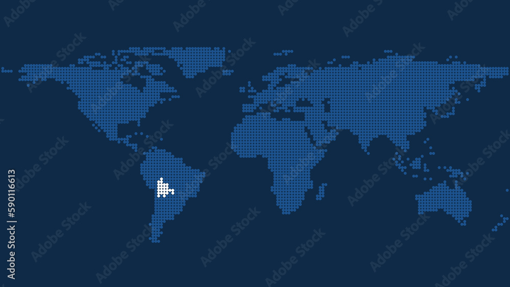 Dark Blue Pixel World Map with Marked Bolivia Lands: Cartographic Geopolitical Representation Dark Blue Pixel World Map with Marked Bolivia Lands: Cartographic Geopolitical Representation