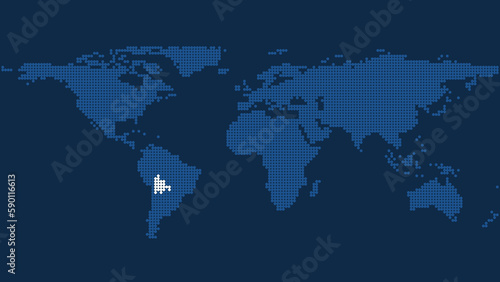 Dark Blue Pixel World Map with Marked Bolivia Lands: Cartographic Geopolitical Representation