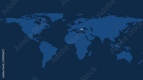 Dark Blue Pixel World Map with Marked Bulgaria Lands, Geographical Exploration