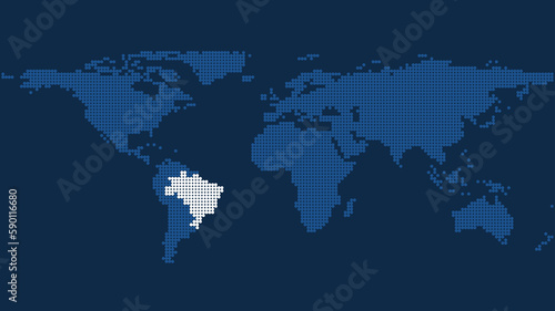 Dark Blue Pixelated World Map with Brazil's Marked Geographic Position