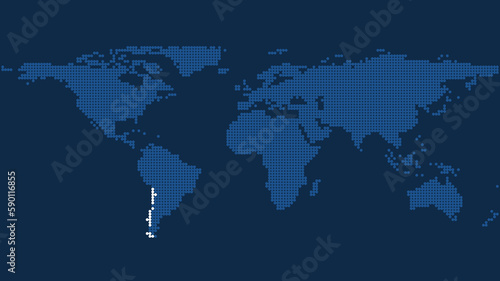 Pixelated World Map Featuring Chile's Geographical Detail in Dark Blue