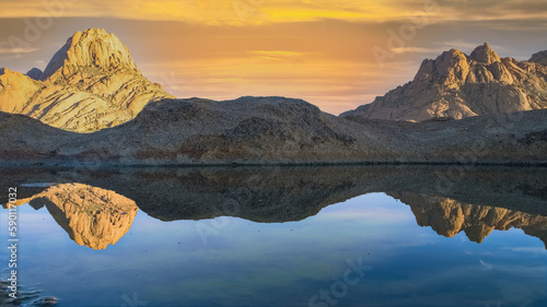 Namibia, reflection of the mountains in the Namib desert