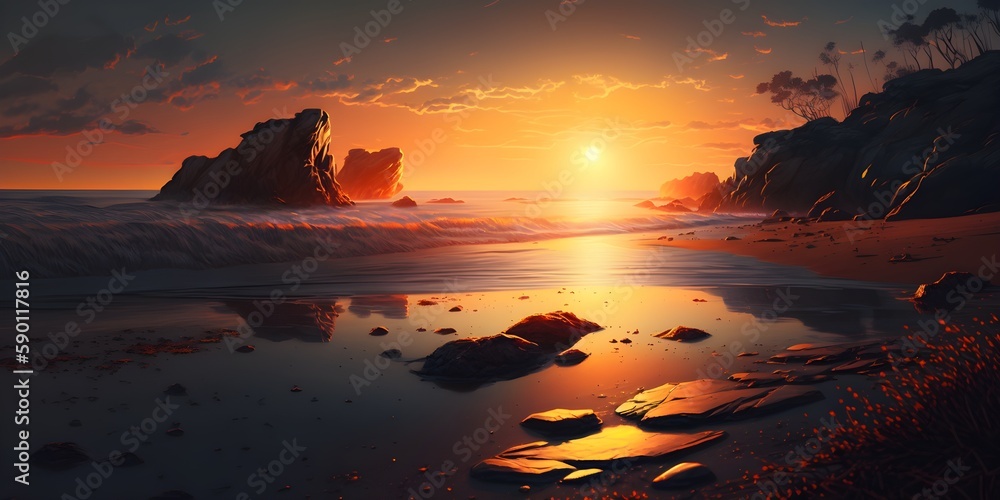 Obraz premium Faszination Natur: Ein Sonnenuntergang am Meer mit spektakulären Reflexionen im Wasser