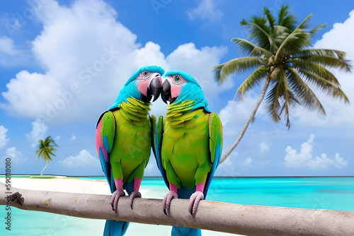 Two bright lovesick macaw parrots sit on a palm branch in the Maldives. Exotic birds of paradise. Generative AI.